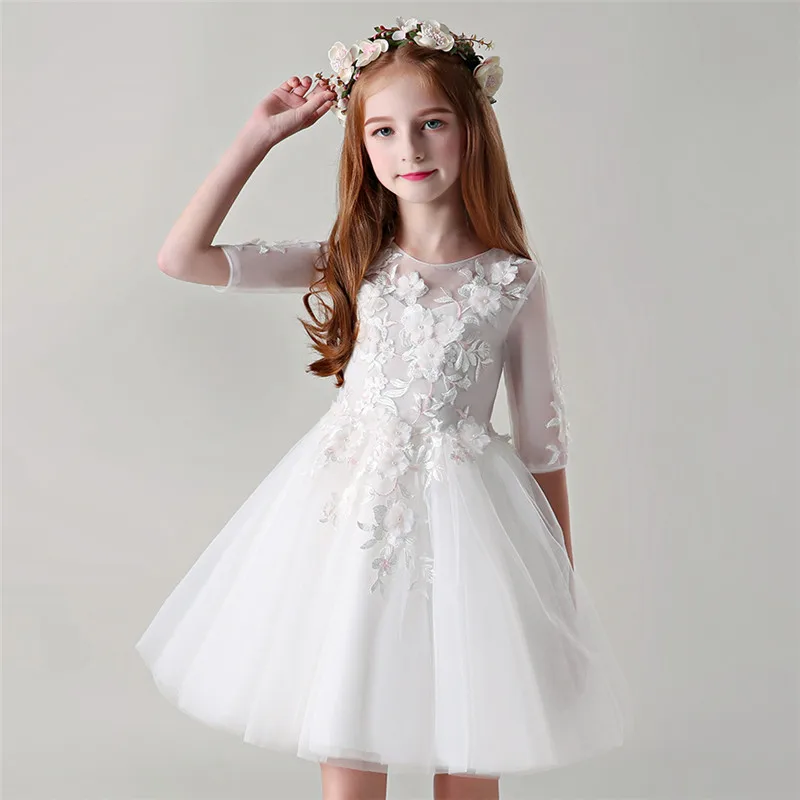 

2018 Summer Autumn New Baby Kids White Birthday Wedding Prom Flowers Dress Children Toddler Evening Party Host Costume Dress