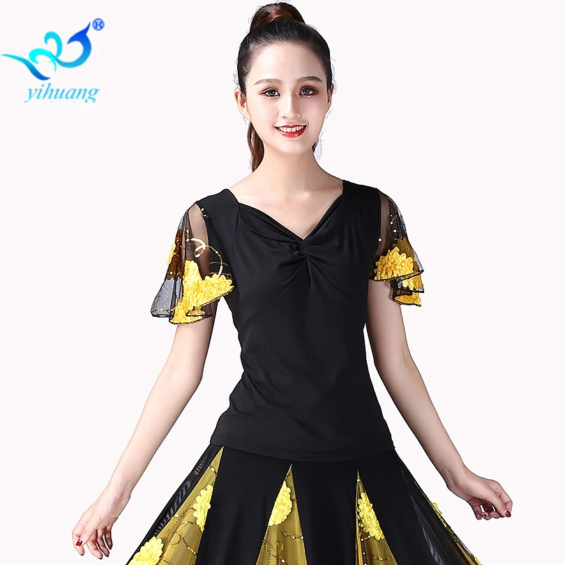 Ballroom Dance Top Flamenco Blouse Standard Modern Dancer Costume Performance Outfits Waltz Dancewear Short Sleeves 7 Colors