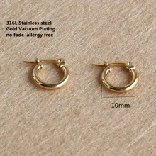 Позолоченные титановые 10 мм Серьги-кольца нержавеющая сталь 316 L не выцветают без аллергии