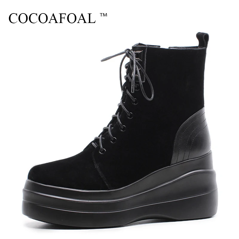 

COCOAFOAL Autumn Winter Lace Up Martin Boots Genuine Leather Platform Heels Chelsea Ankle Boots Black Women's High Heeled Shoes