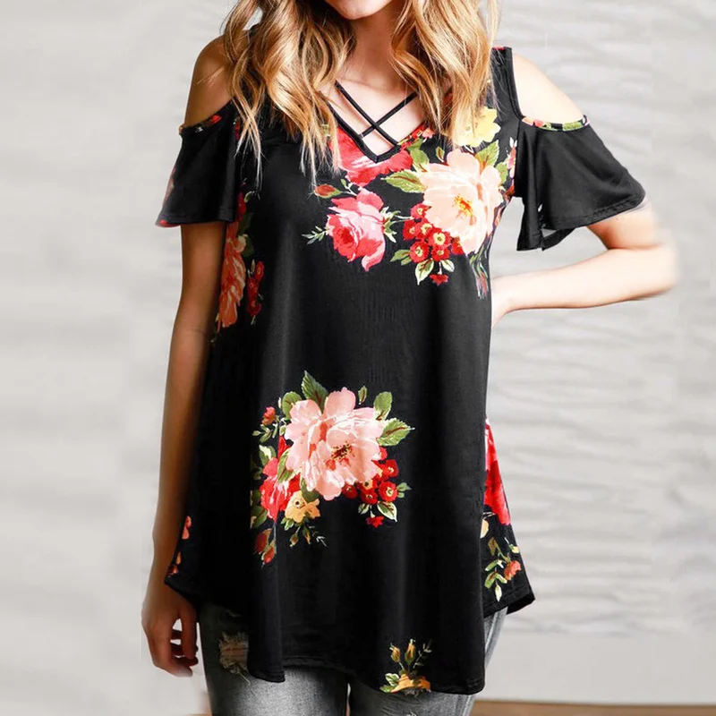 2019 Summer T Shirt Plus Size Women T-shirt Harajuku Vintage Fashion Casual Short Sleeve Floral Print V-Neck Long T-Shirt 2019 Summer T Shirt Plus Size Women T-shirt Harajuku Vintage Fashion Casual Short Sleeve Floral Print V-Neck Long T-Shirt