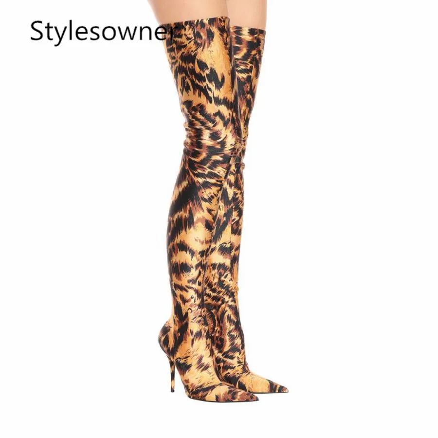 Stylesowner Леопардовый принт эластичные чулки до бедра высокие сапоги женские