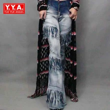 2017 New Fashion Sexy Women’s Vintage Chic Bell Bottoms Denim Female Wide Flared Jeans Lace Up Tassel Ladies Long Pants Stretchy