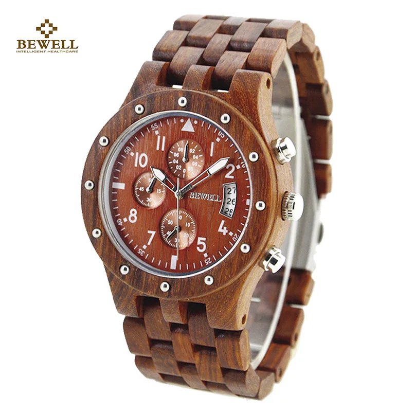 

BEWELL Luxury Quartz Watches with Three Small Dials Work Brand Wooden Watch Analog Date Display Wristwatch Function for Men 109D