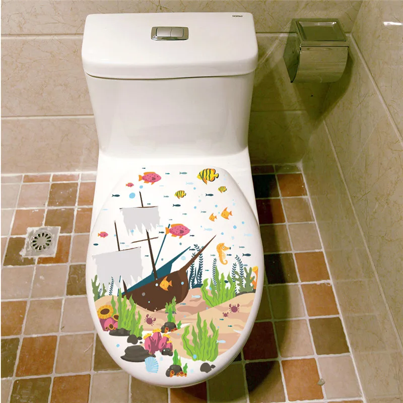Sealife Fish Toilet Seat Stickers Home Decoration Diy Flower Underwater Scenery Mural Art Bathroom Room 3d View Pvc Wall Decal