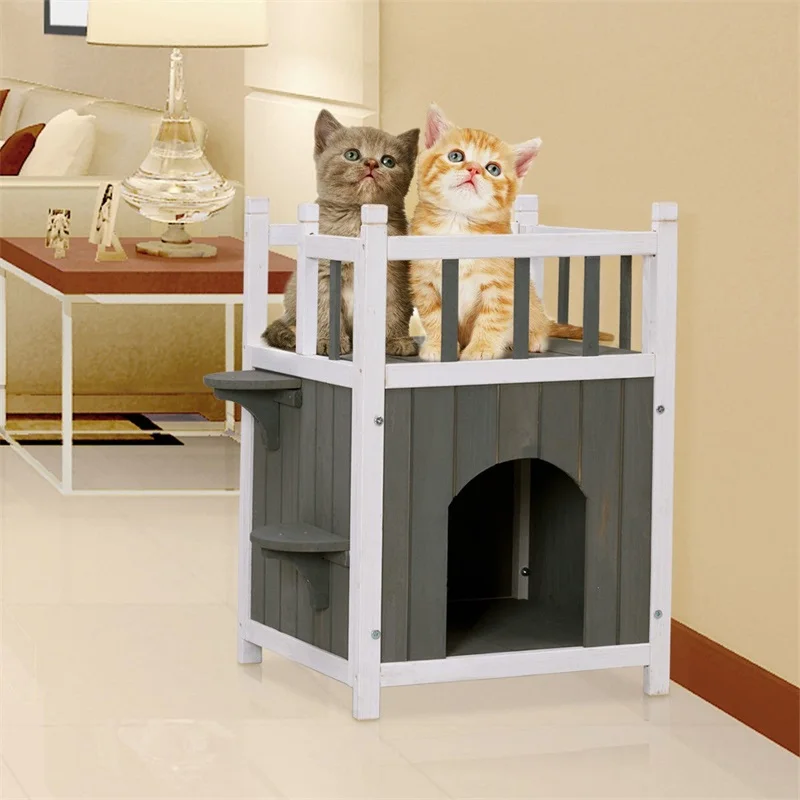 

Indoors Outdoor Fir Wood Cat Pet Home with Balcony Elevated Foundation Removable Floor Balcony Cat Wooden Castle PS7027