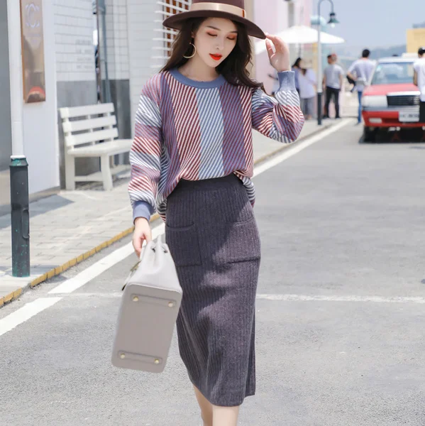 

Autumn Women's Elegant women 2 Piece set casual stripe Long-sleeve Knitting sweaters + high waist Pencil Skirt
