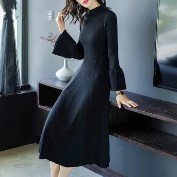 

2020 Autumn Winter Knitted Dress Women Elegant Black Sweater Dresses Ladies Long Dress Female Pullover Vestidos Feminino YQ314