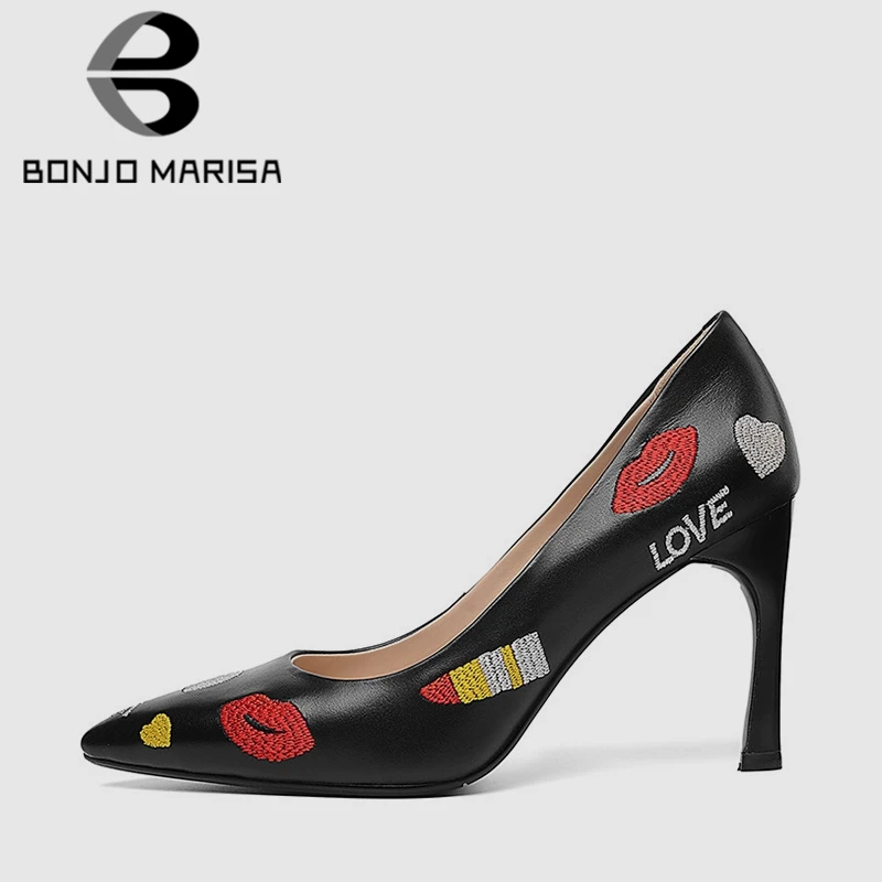 

BONJOMARISA Brand New Genuine Leather Lip Print Pointed Toe High Heels Shoes Woman Casual Party Sexy Spring Autumn Evening Pumps