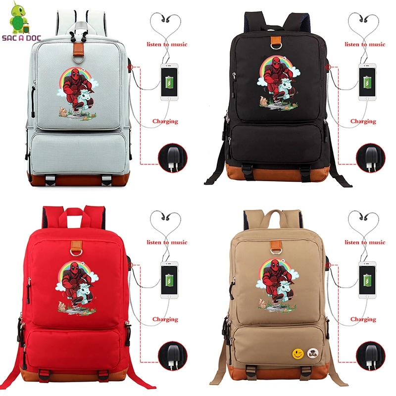 

Men Fashion USB Charging Backpack Superhero Deadpool Laptop Backpacks Canvas Teenagers School Bags Mochila Travel Bagpack Black