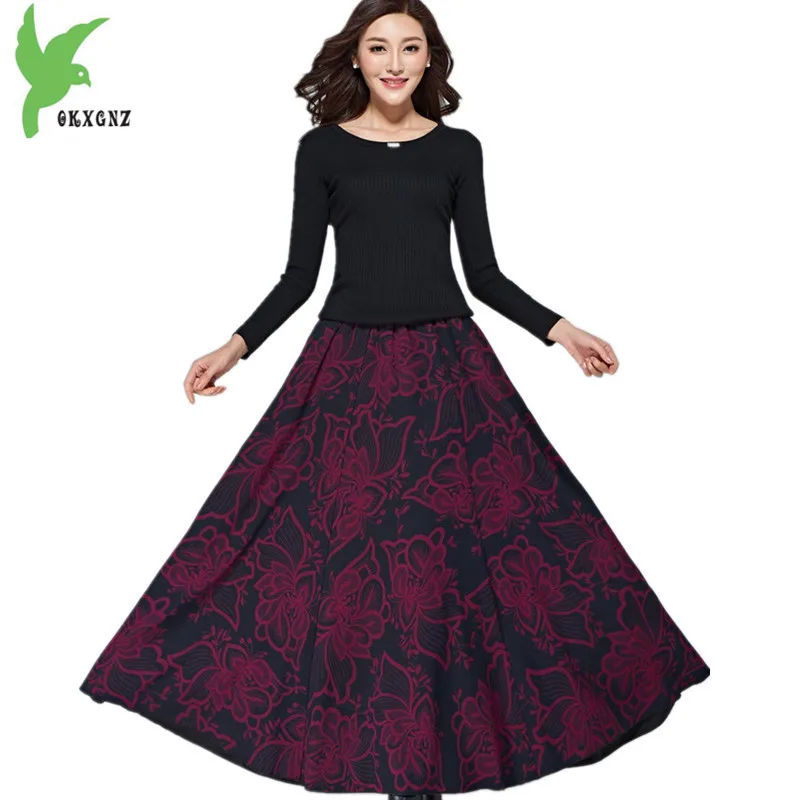 Новая Женская осенне-зимняя шерстяная модная плиссированная юбка с принтом, юбка с высокой талией, плотная эластичная талия, длинное, свободное, юбки OKXGNZ1586