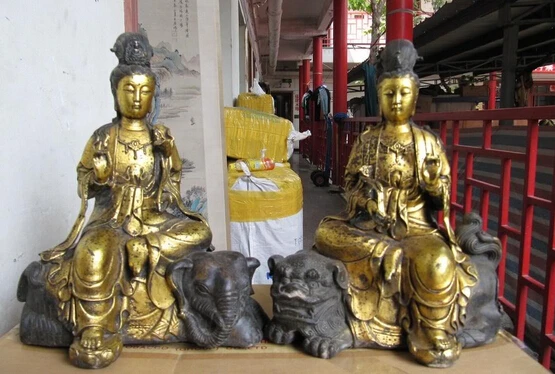 

S0061 Tibet Bronze Gild Manjusri Samantabhadra Guan Yin Kwan-yin Buddha Statue Pair D0318