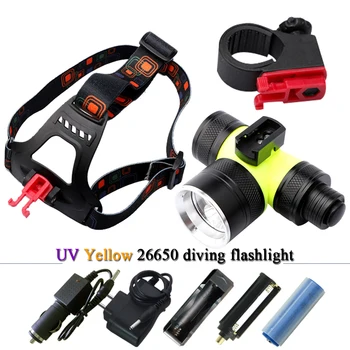 

headlamp 18650 waterproof work lamp lanterna yellow light UV diving headlamp lampe frontale Underwater headlight 26650 camping