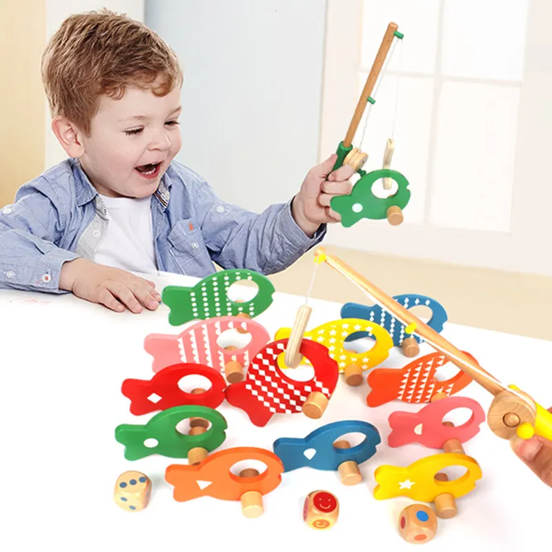 

Candywood Children Fishing Parent-child Wooden Play Fishing Game Cartoon Pattern Fish Model Educational Toy for baby kids gift
