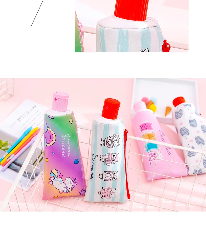 Creative toothpaste leather Pencil Case Cute Unicorn Owl cat large Pen Bag Kawaii Office School Supplies Korean Stationery