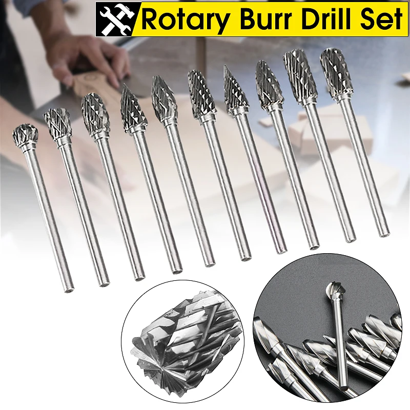 

10Pcs 1/8 inch Shank Tungsten Carbide Rotary Burr Drill Bits Set Wood Stone Metal Root Carving Milling Cutter Power Tools