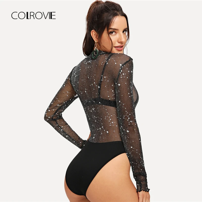 COLROVIE الأسود الصلبة شبكة شير طويلة الأكمام أنيقة ارتداءها النساء الخريف نادي نمط مثير الجسم مكتب السيدات داخلية