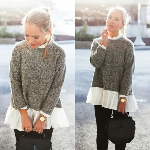 

Fashion Women Long Sleeve Pullover Loose Casual Tops T-Shirt Women Ruffles Patchwork O-Neck T-Shirt Tops