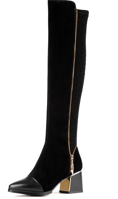 Женские сапоги выше колен на толстом высоком каблуке из натуральной кожи на боковой молнии с острым носком модная обувь большие размеры 34–43 SXQ0731 - Цвет: Черный