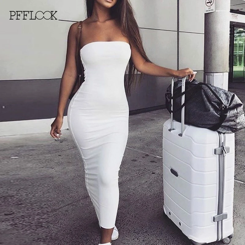 

PFFLOOK Off Shoulder Strapless Sexy Women Dress Sleeveless Straight Long Bodycon Dress Backless Casual Summer Party Dress 2019