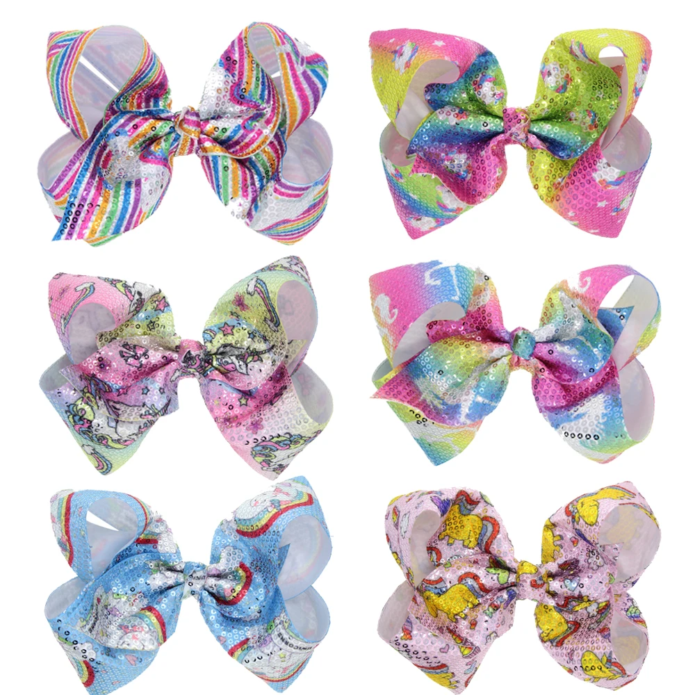 

6Pieces/set 7inch Large Size Sequins Unicorn Hair Bows Rainbow Stripe Colorful Cartoon Girls Hairpins Party Headwear Accessories