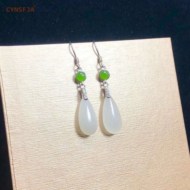 

Certified Natural Hetian Jade Inlaid With 925 Sterling Silver Lucky Jade Earrings Hand Carved High Quality Wonderful Gifts