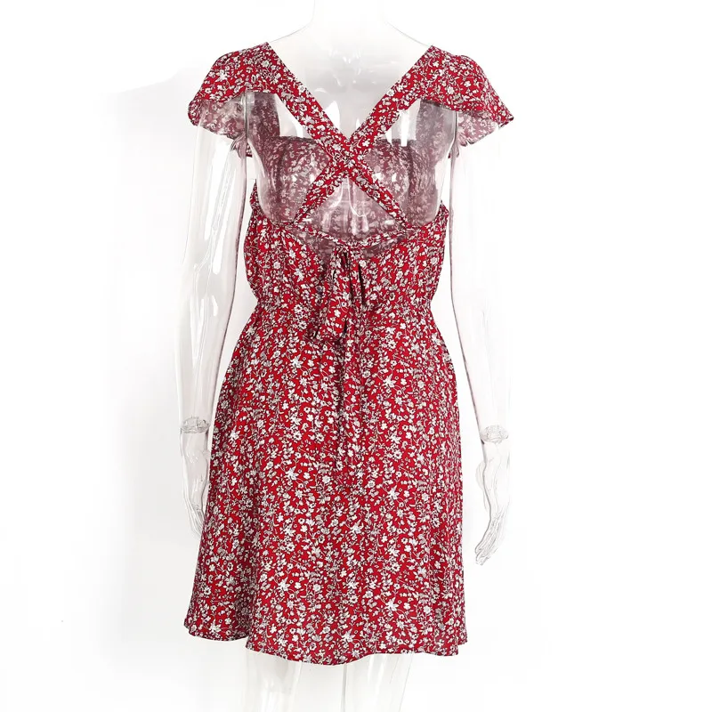 Backless navy floral print short dress Women back strap high waist summer dress Vintage red boho beach dress vestidos12