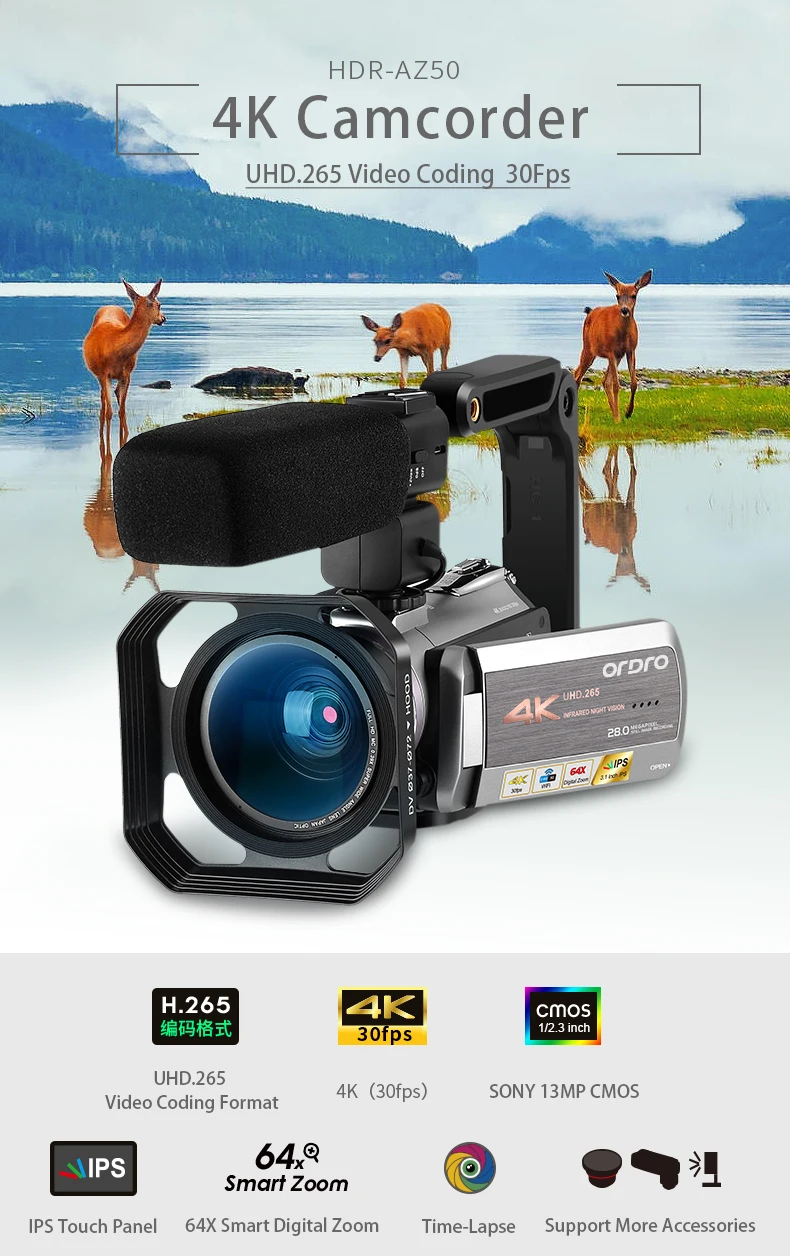ORDRO AZ50 Real 4K 30FPS видеокамера H.265 видео формат Поддержка Wi-Fi со стерео микрофоном бленда внешние аксессуары