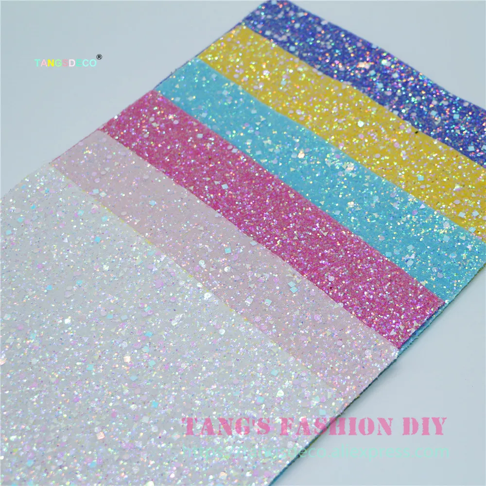 6pcs--20x22cm DIY Hair Bow Material Candy Color Chunky Glitter PU Synthetic Faux Leather
