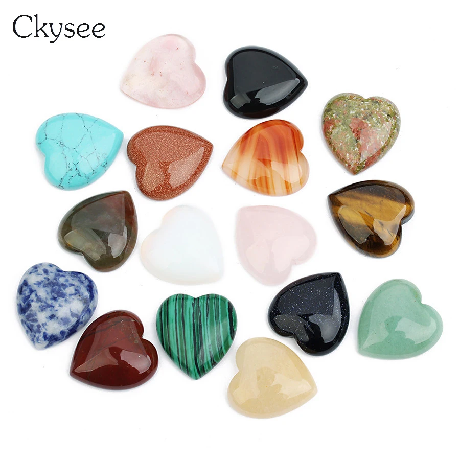 

Ckysee 5Pcs/lot Heart Shape Natural Stone Cabochon Beads For Bracelet Diy Jewelry Making 10/25mm Tiger Eye Malachite Loose Beads