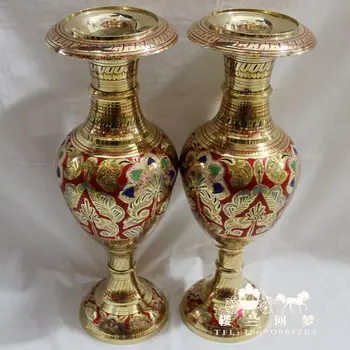 

40cm Height 2pcs India Bronze Hand painted large copper Pakistan vase Healing copper crafts tools wedding Decoration Brass