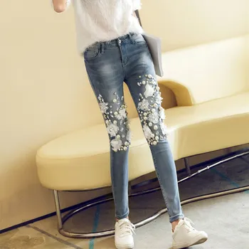 

Plus Size 6Xl Women Flower Beading Jeans Woman Zipper Blue Stretch Jeans Female Diamond Skinny Denim Pencil Pants