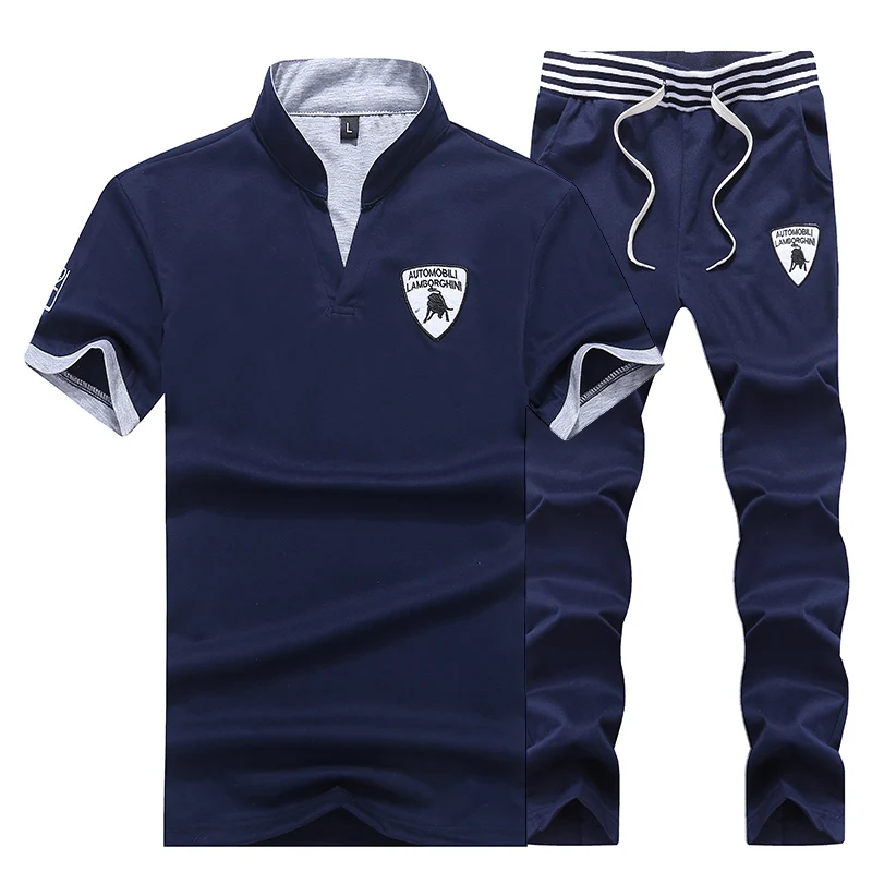 

Summer Men's Sets Stand Collar T Shirts+pants Two Pieces Sets 4xl Tracksuit Male 2019 Casual Tshirt Gyms Fitness trousers men