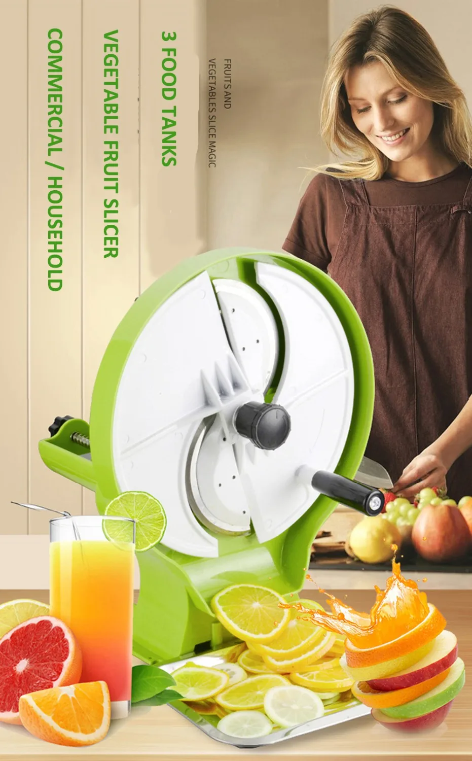 

Manual Fruit Cutter Vegetable Fruit Slicer Multi-function Lemon Slicer 0.8-8MM Thickness with 3 Inlet Commercial/Household