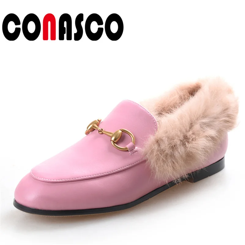 

CONASCO Brand Women Flats Genuine Leather Shoes Woman Rabbit Fur Warm Comfort Casual Shoes Woman Round Toe Autumn Warm Shoes
