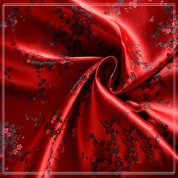 

High quality brocade jacquard polyester red background black plum blossom fabric for patchwork tissue women dress by 100x90