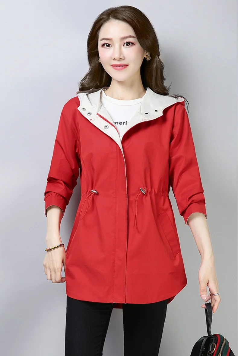 Весна осень Женская ветровка длинная новая куртка с капюшоном размера плюс модное повседневное элегантное короткое пальто женская уличная куртка - Цвет: Red