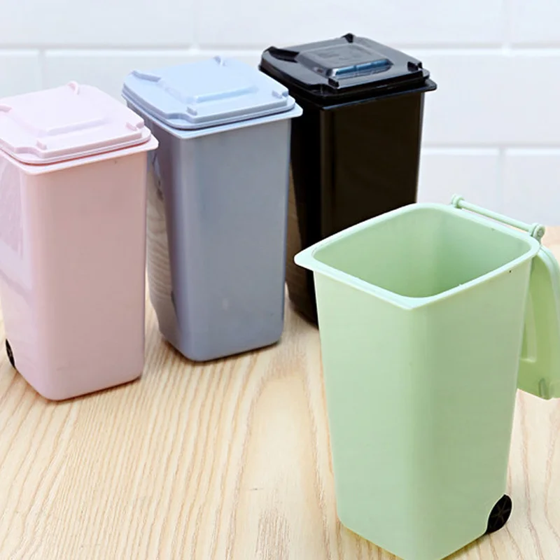 

Creative Household Office Supplies Wheelie Mini Trash Can Desktop Plastic Bucket Dustbin Small Scissors Pencil Mini Waste Bins