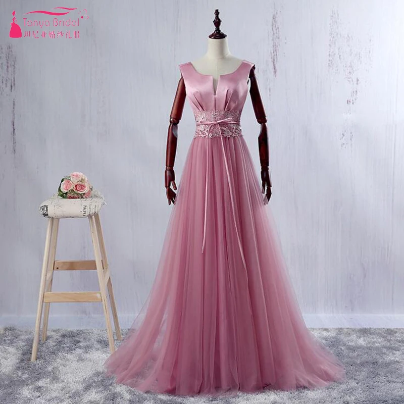 

Dusty Rose A line Evening Dresses 2018 V-Necl Long Elegant Prom Dresses Maid Of honor Gowns Vestido De Festa ZE026