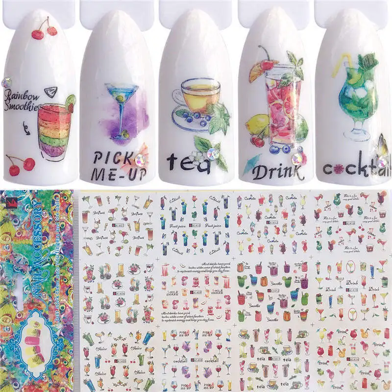 

YZWLE 12 PCS Mixed Colorful Nail Sticker Fashion Fruit/Cake/Flower Nail Water Transfer Wraps Tips Nail Decor Manicure Tool