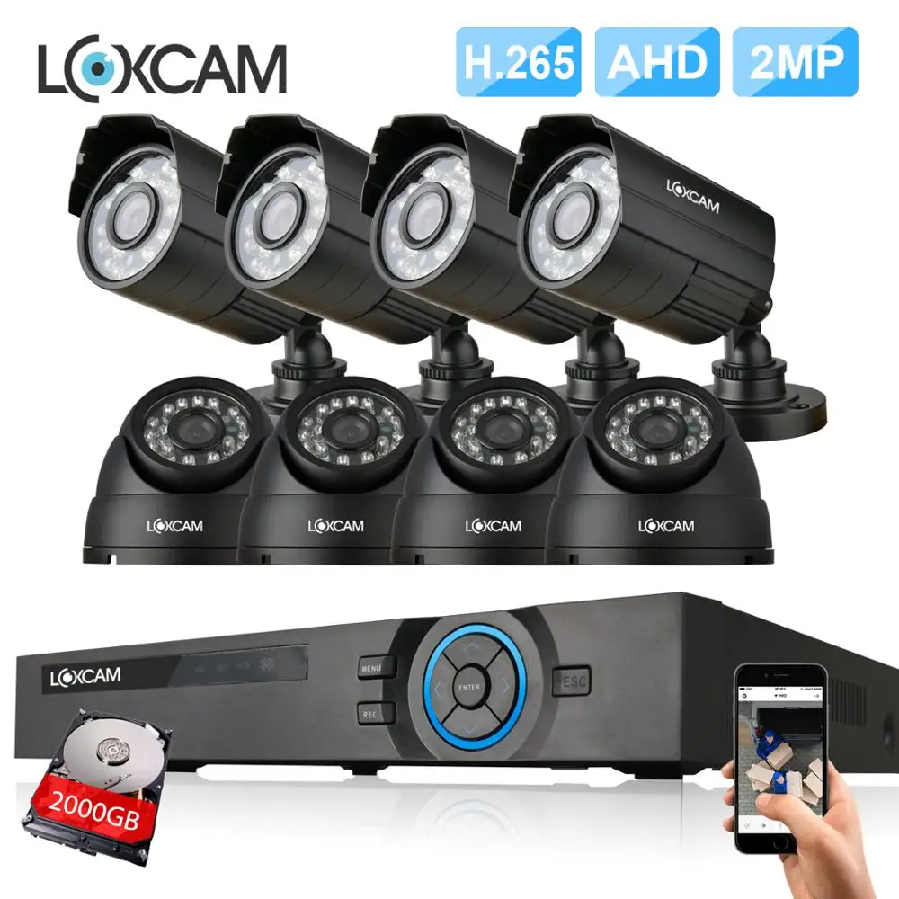 LOXCAM h.265 8Ch 2MP система видеонаблюдения HD 2MP 1080P IP66 in/наружная Водонепроницаемая камера видеонаблюдения комплект P2P система видеонаблюдения Сигнализация