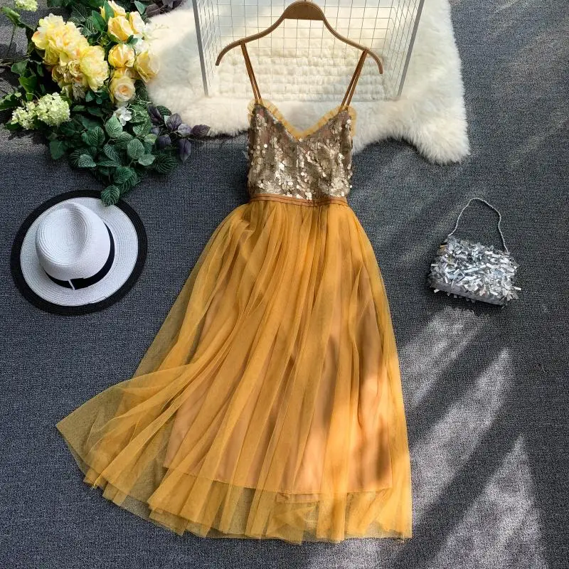 2019 Summer New Bohemian Beach Dress V-neck Sequined Spaghetti Strap Sexy Gauze Party Dresses Ladies A-line Yellow Pink | Женская одежда