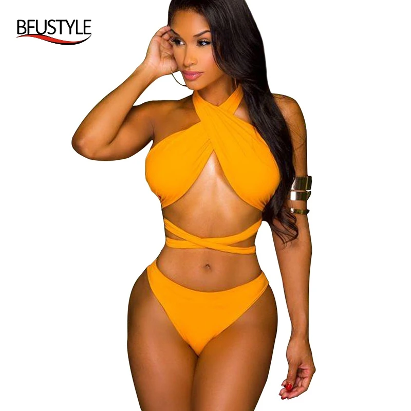 

BFUSTYLE Multiway Solid Bikini 2019 Female Swimsuit Women Swimwear Two-pieces Bandage Bikini Set Bathing Suit