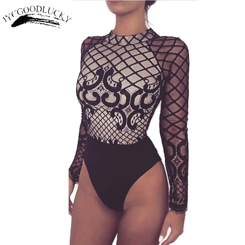 

2017 New Hollow Bodysuit Lace Sexy Backless Jumpsuit Rompers Women Elegant Long Sleeve Spring Overalls For Women Plus Size