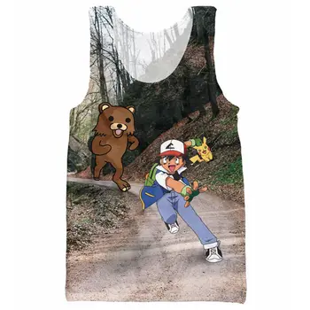 Pokemon Tank Tops Anime Character Pedobear Ash Pokemon Pikachu Sleeveless Undershirt 3d Striped Vest Mens Bodybuilding Clothes