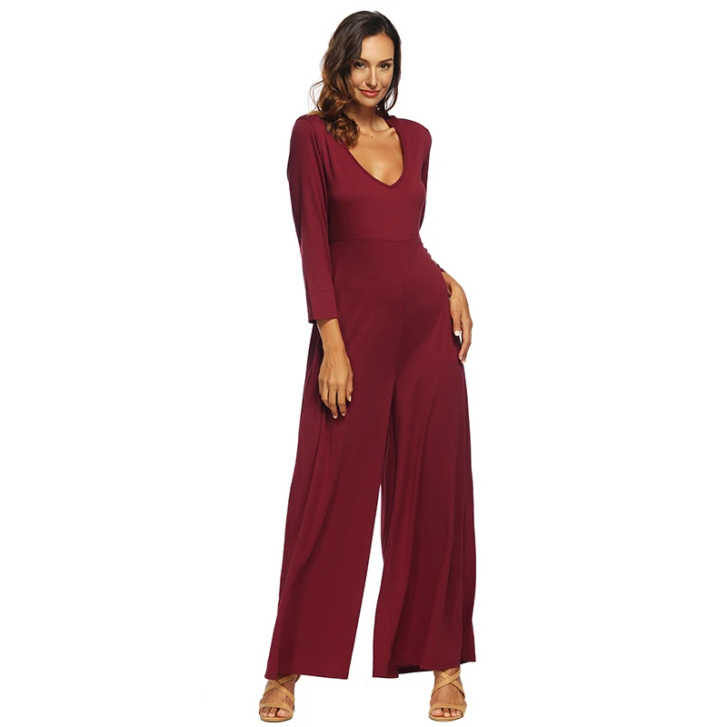 Wide Legs Jumpsuits Women Full Length Pants Long Sleeves V Neck 2018 New Fashion Jumpsuits
