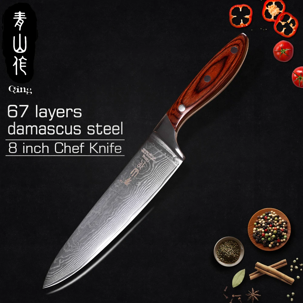 QING VG10 Damascus Steel Kitchen Knives Fruit Utility Santoku Bread Slicing Chef Kitchen Knife Gyutou Meat Cleaver Cooking Tools