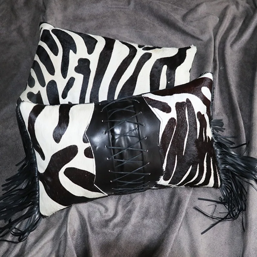 

Zebra pattern handmade real cow leather cushion for furniture upholstery 30*50cm cowhide skin fur sofa pillow without core ,