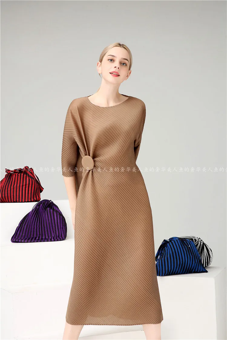 MIYAKE Fold новое летнее стильное платье размера плюс, тонкое платье средней длины с рукавом средней длины, Стильное женское плиссированное платье