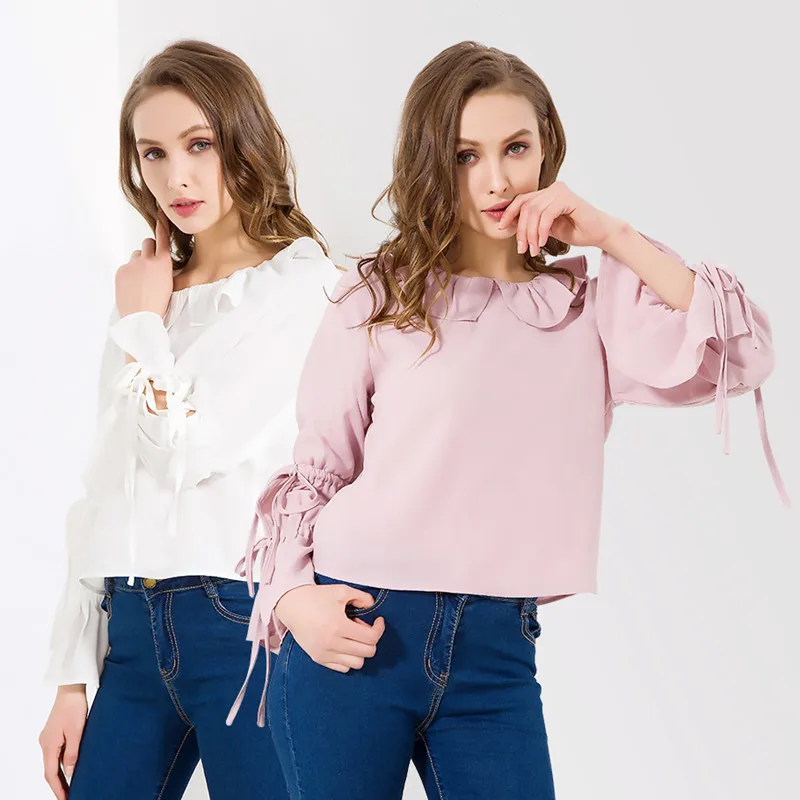 Nvyou gou Young Fashion блузка с расклешенными рукавами, Многослойные оборки, Повседневная Блузка для женщин, милые розовые топы с отложным воротником и рюшами